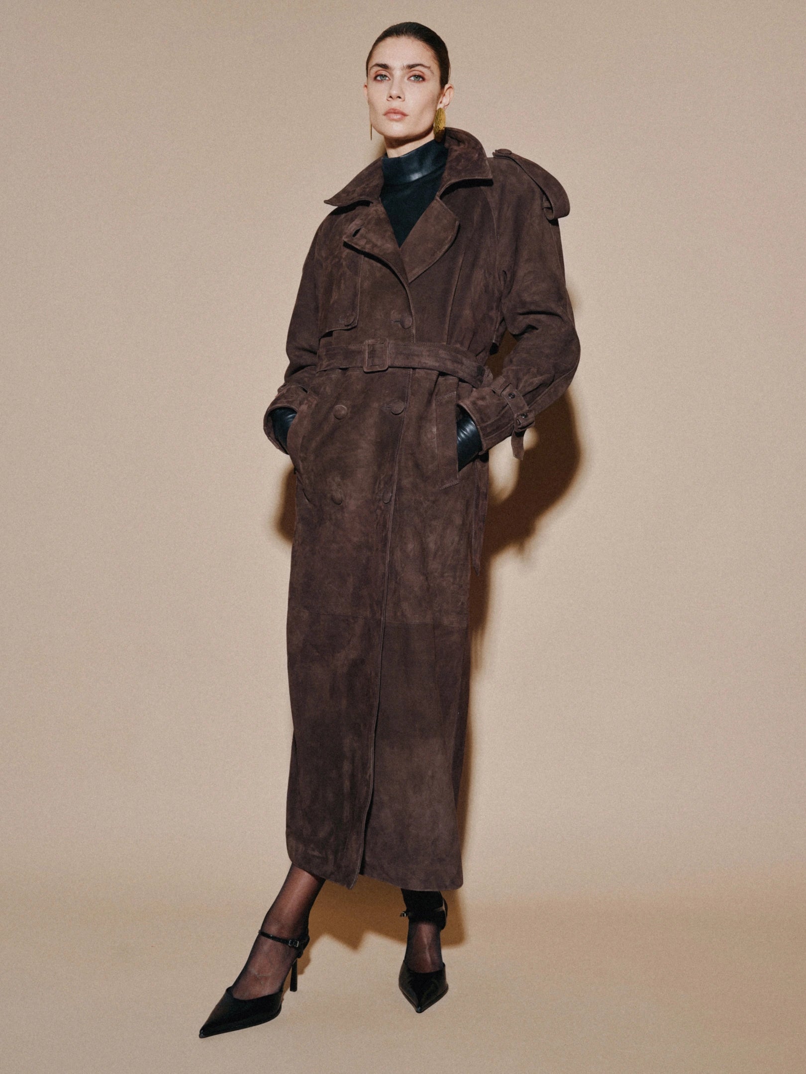 Suede Trench Coat Brown
