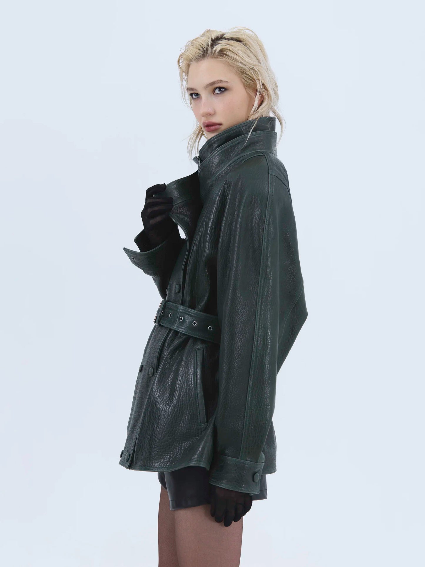 Deep Green Sculpted Leather Jacket