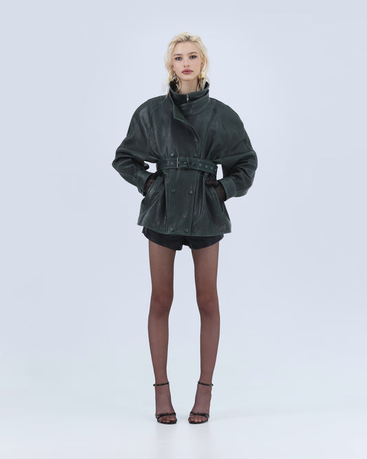 Deep Green Sculpted Leather Jacket
