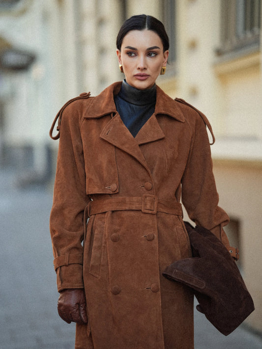 Suede Trench Coat Camel