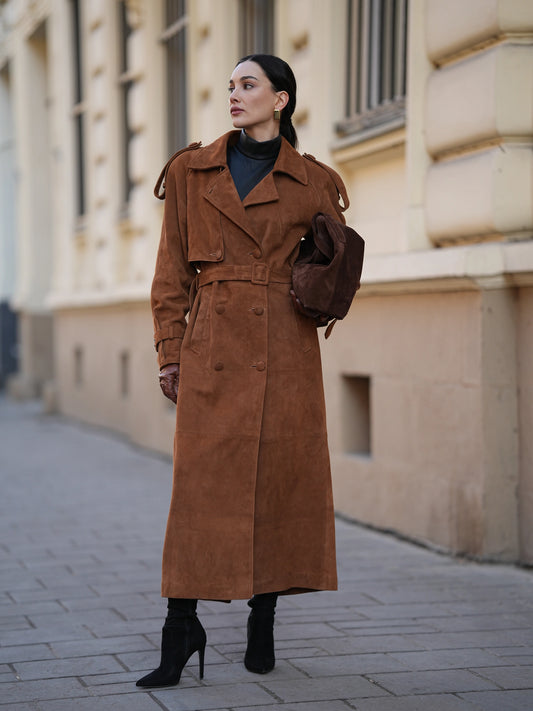 Suede Trench Coat Camel
