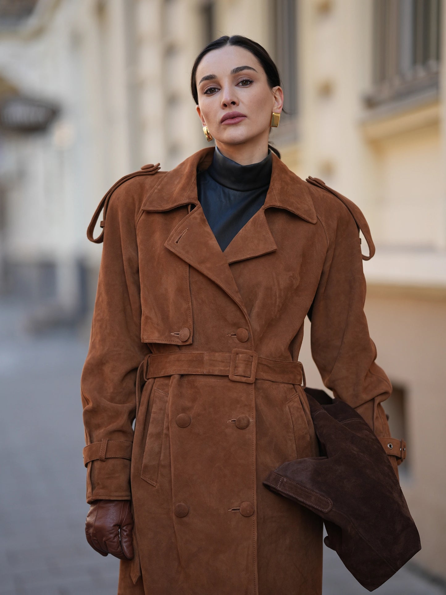 Suede Trench Coat Camel